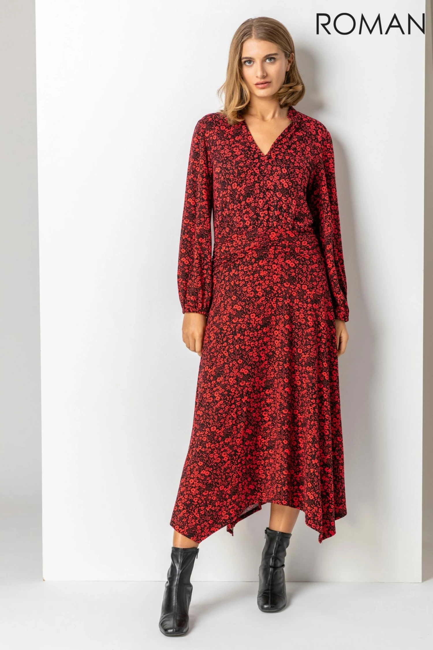 Roman Red Floral Print Pleat Detail Midi Dress 3 Roman Red Floral Print Pleat Detail Midi Dress