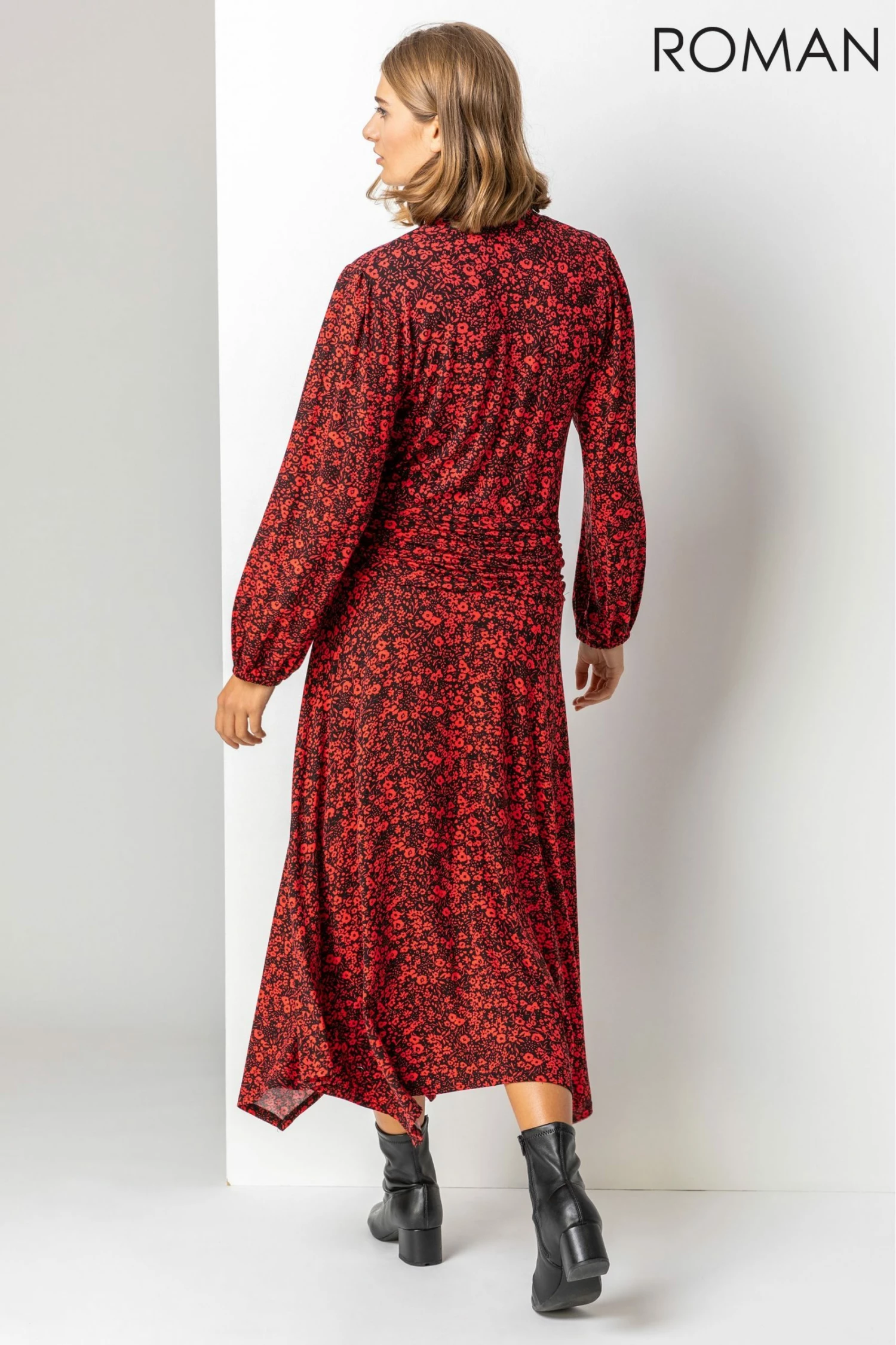 Roman Red Floral Print Pleat Detail Midi Dress 4 Roman Red Floral Print Pleat Detail Midi Dress - Image 2