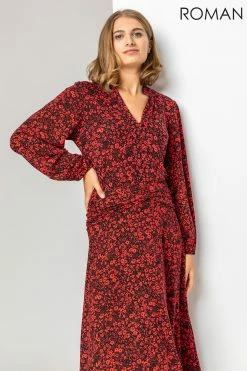 Roman Red Floral Print Pleat Detail Midi Dress 9 Roman Red Floral Print Pleat Detail Midi Dress -Roman Sales Shop unnamed file 3656