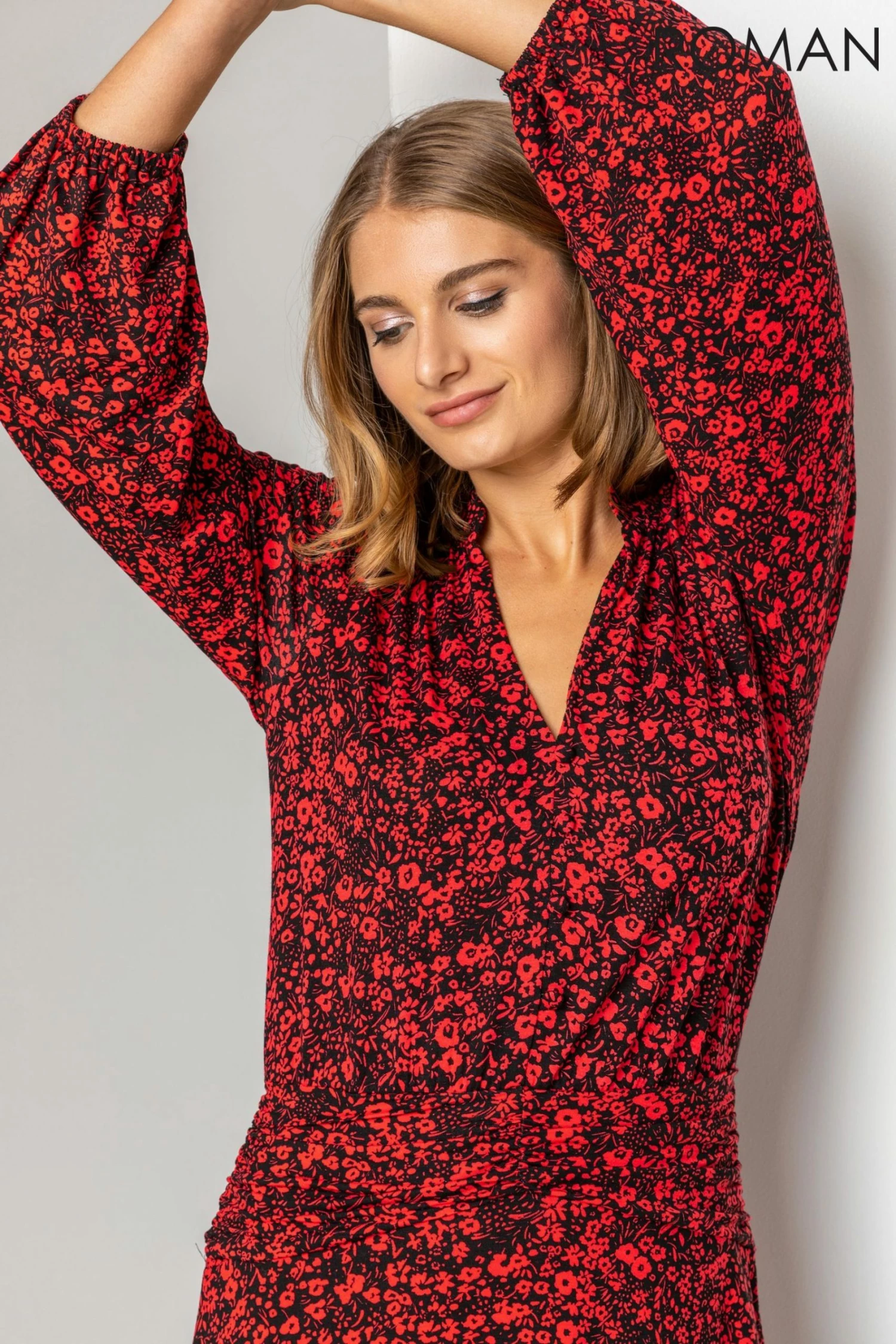 Roman Red Floral Print Pleat Detail Midi Dress 6 Roman Red Floral Print Pleat Detail Midi Dress - Image 4