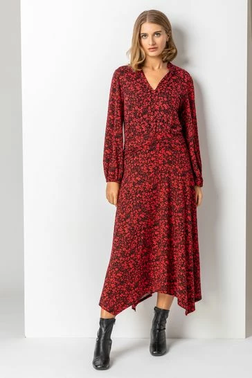 Roman Red Floral Print Pleat Detail Midi Dress 7 Roman Red Floral Print Pleat Detail Midi Dress - Image 5