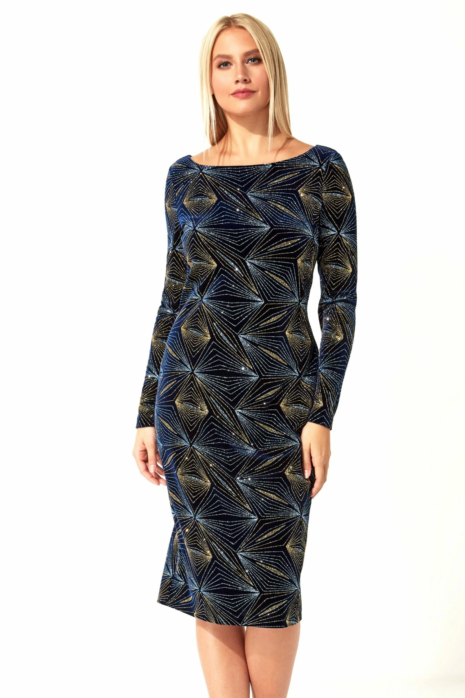 Roman Blue Glitter 3/4 Sleeve Velvet Dress 3 Roman Blue Glitter 3/4 Sleeve Velvet Dress