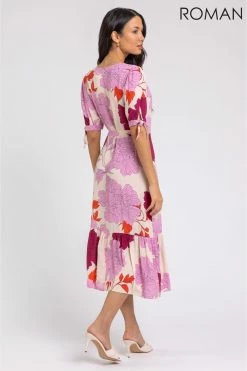 Roman Pink Floral Frill Hem Wrap Midi Dress 8 Roman Pink Floral Frill Hem Wrap Midi Dress -Roman Sales Shop unnamed file 366