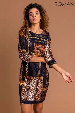 Roman Black Animal Chain Print Shift Dress