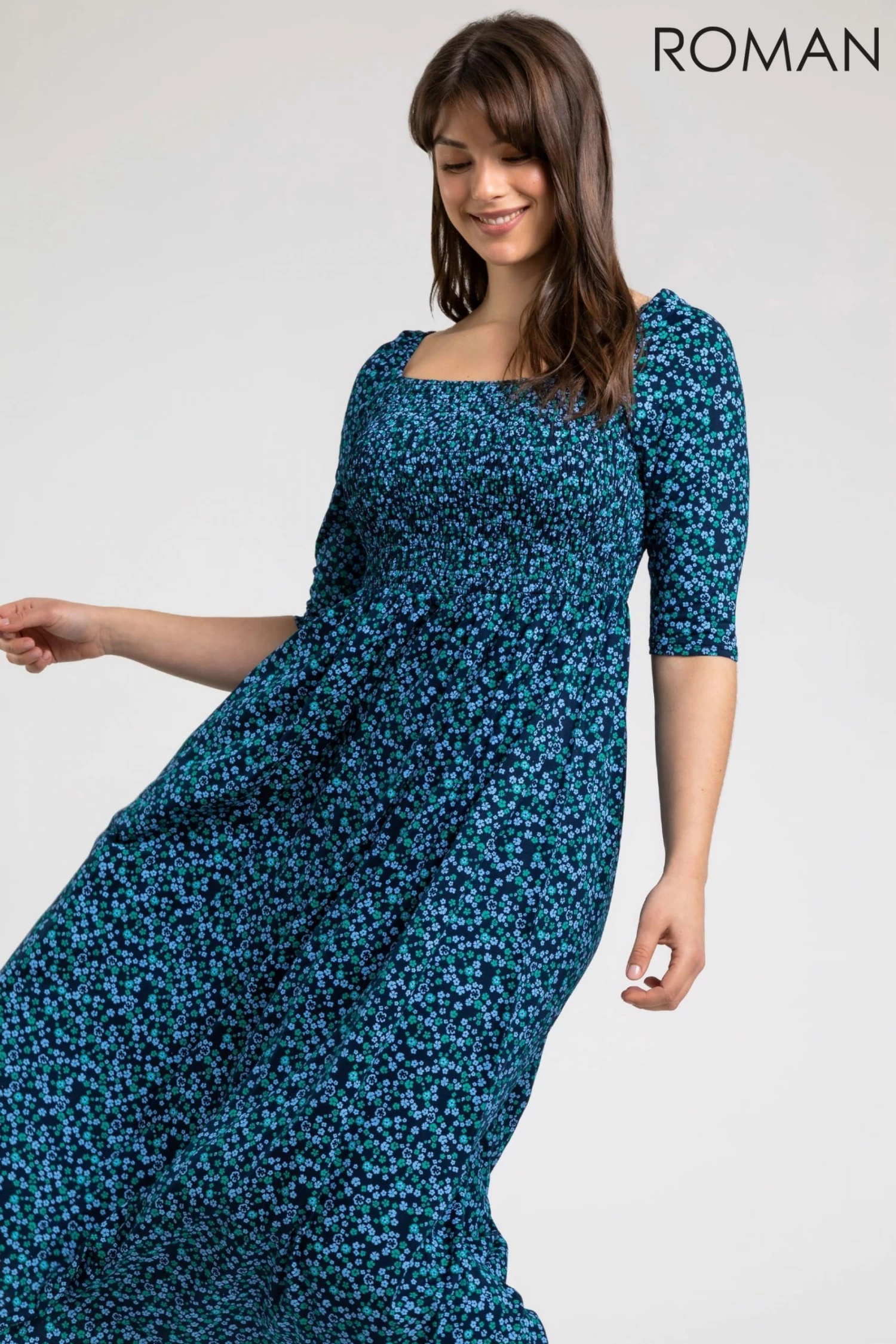 Roman Blue Curve Ditsy Floral Shirred Jersey Midi Dress 3 Roman Blue Curve Ditsy Floral Shirred Jersey Midi Dress