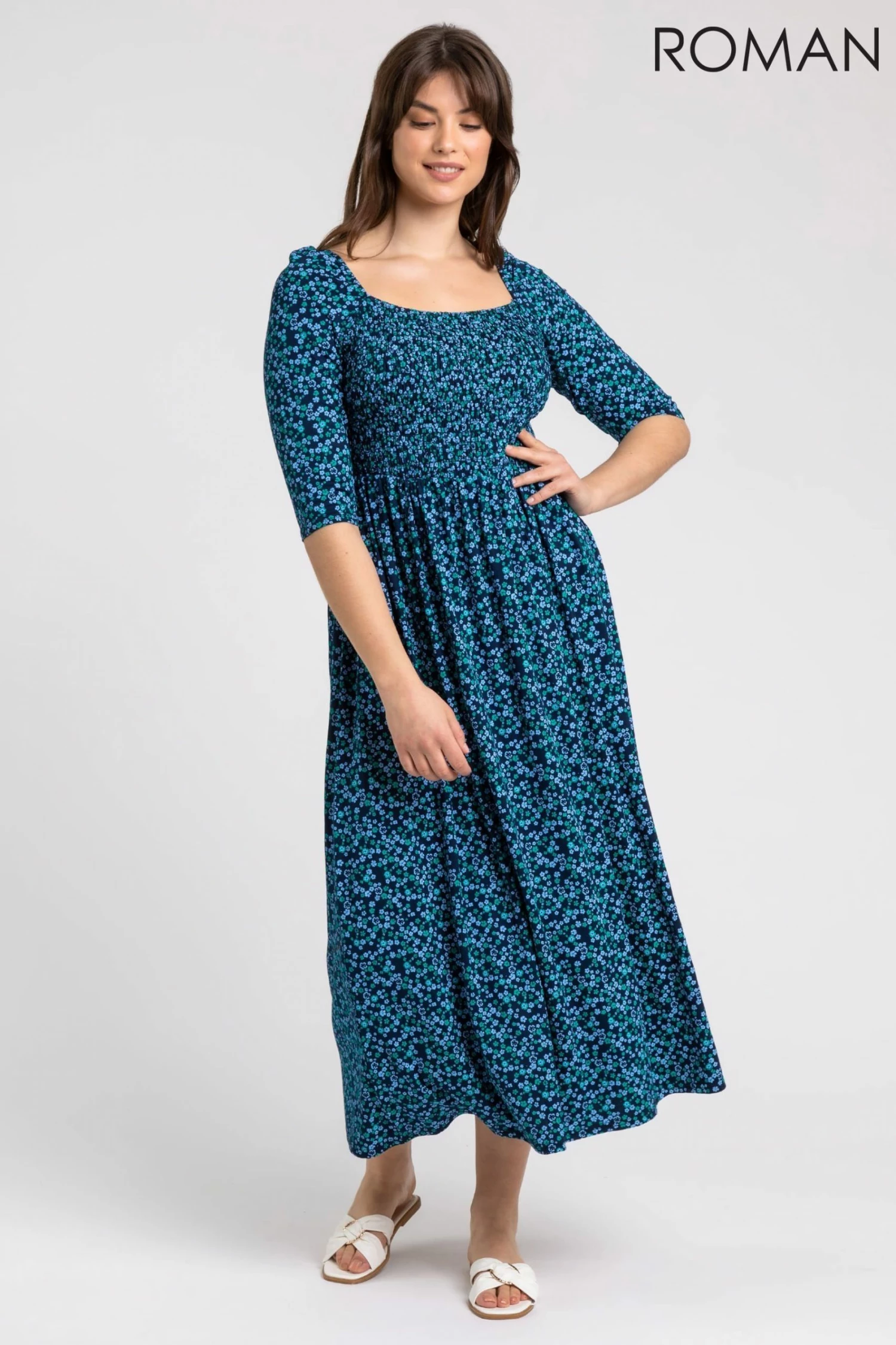 Roman Blue Curve Ditsy Floral Shirred Jersey Midi Dress 4 Roman Blue Curve Ditsy Floral Shirred Jersey Midi Dress - Image 2