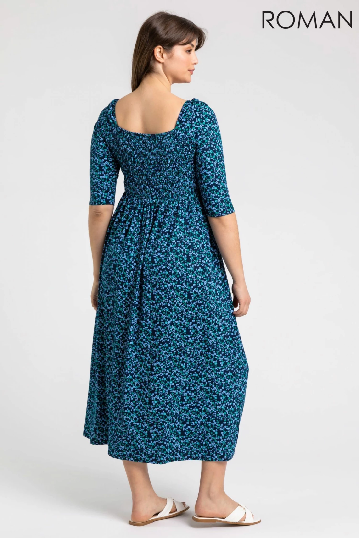 Roman Blue Curve Ditsy Floral Shirred Jersey Midi Dress 5 Roman Blue Curve Ditsy Floral Shirred Jersey Midi Dress - Image 3