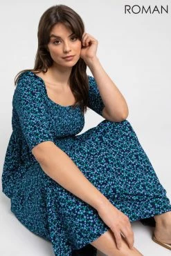 Roman Blue Curve Ditsy Floral Shirred Jersey Midi Dress 10 Roman Blue Curve Ditsy Floral Shirred Jersey Midi Dress -Roman Sales Shop unnamed file 3672