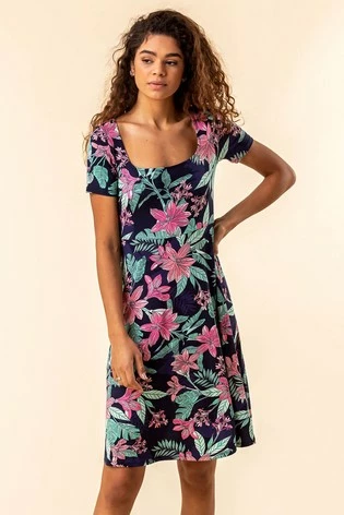 Roman Blue Tropical Floral Square Neck Dress 7 Roman Blue Tropical Floral Square Neck Dress - Image 5