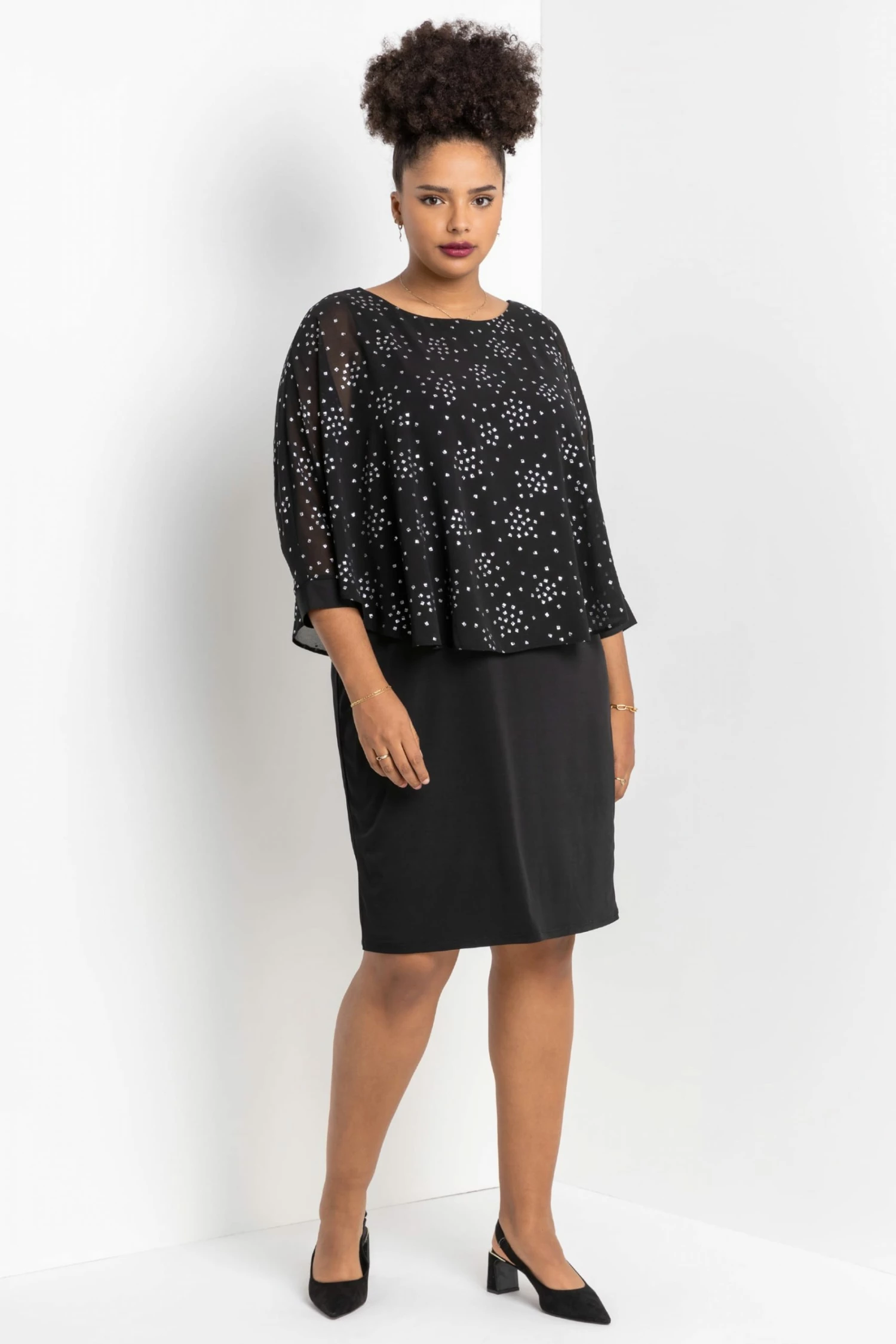 Roman Black Curve Foil Print Overlay Dress 5 Roman Black Curve Foil Print Overlay Dress - Image 3