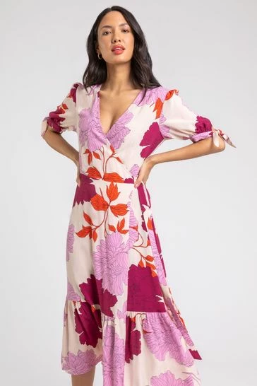 Roman Pink Floral Frill Hem Wrap Midi Dress 7 Roman Pink Floral Frill Hem Wrap Midi Dress - Image 5
