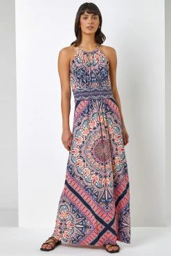 Roman Pink & Blue Boho Print Halterneck Maxi Dress -Roman Sales Shop unnamed file 3696