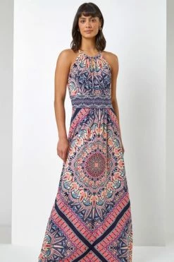 Roman Pink & Blue Boho Print Halterneck Maxi Dress -Roman Sales Shop unnamed file 3698