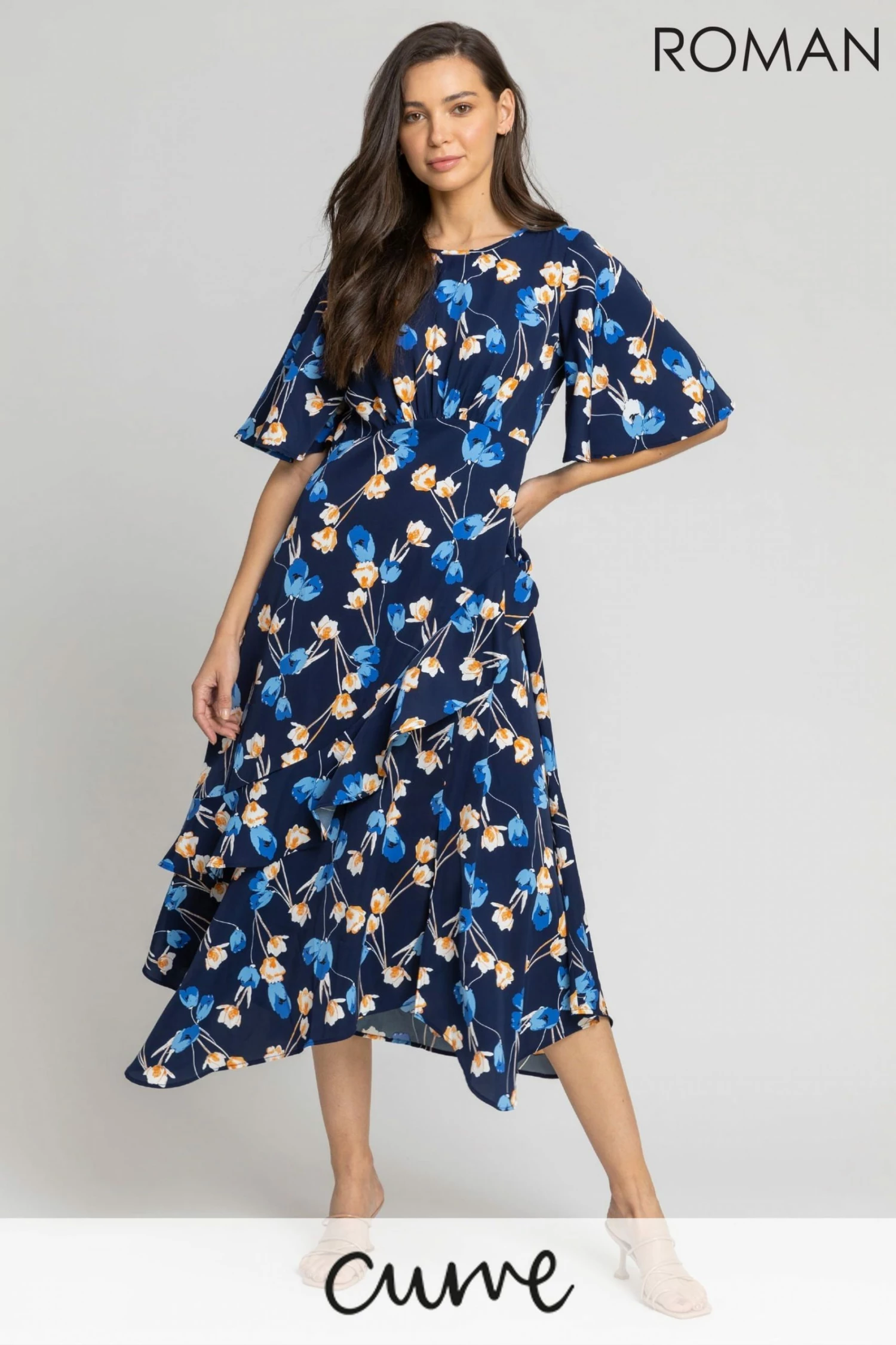 Roman Blue Floral Print Chiffon Midi Dress 3 Roman Blue Floral Print Chiffon Midi Dress