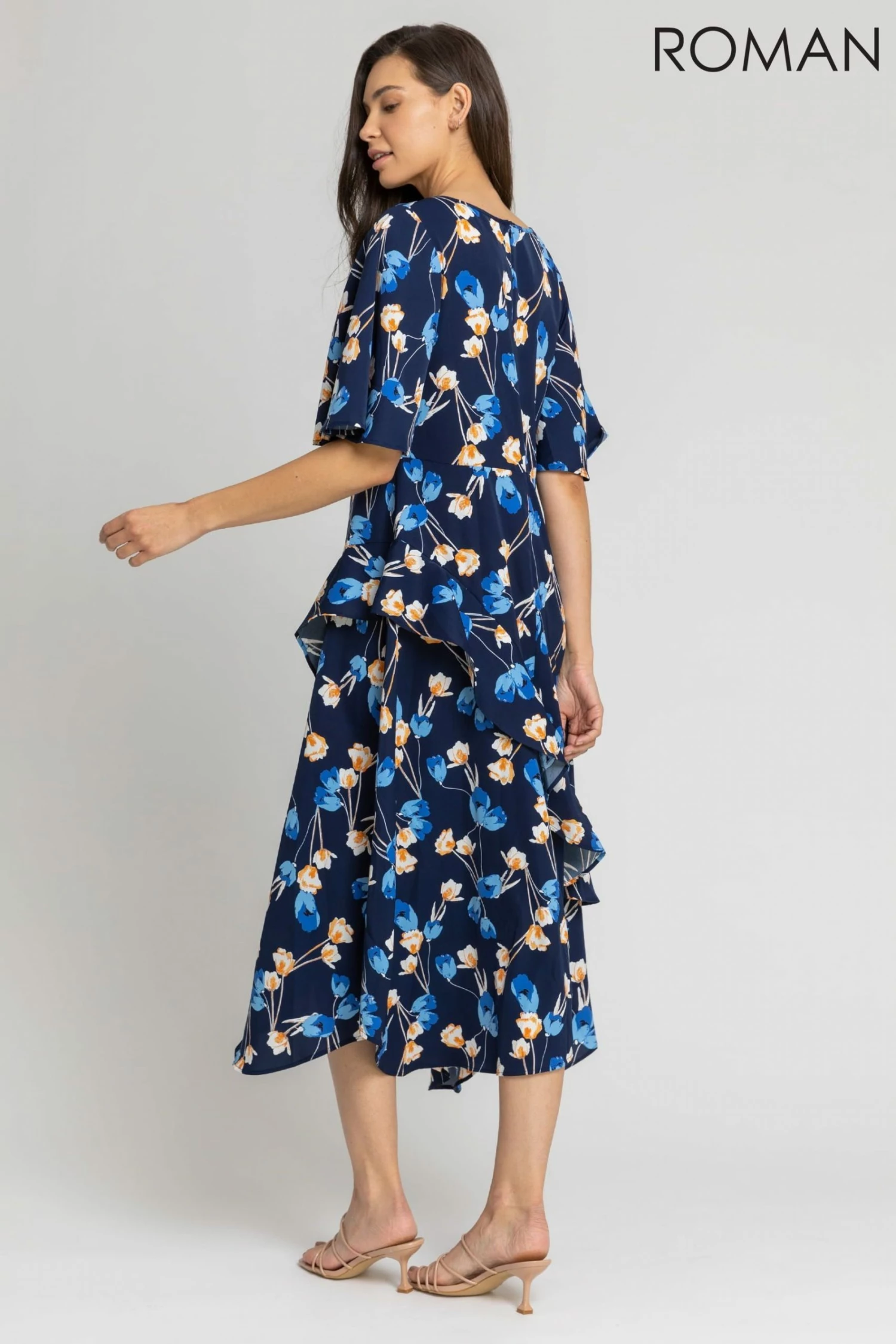 Roman Blue Floral Print Chiffon Midi Dress 4 Roman Blue Floral Print Chiffon Midi Dress - Image 2