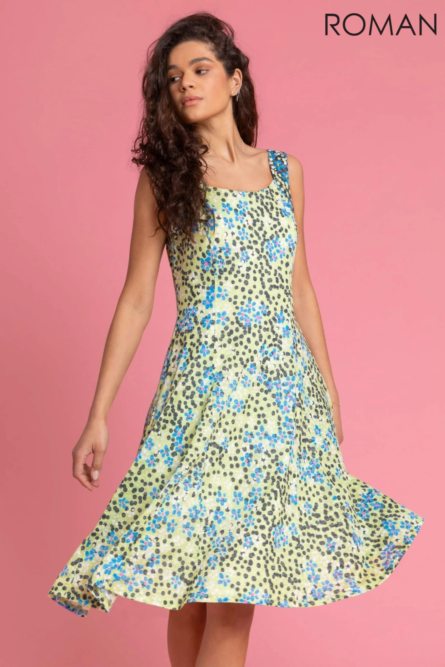 Roman Green Floral Spot Print Fit And Flare Dress 3 Roman Green Floral Spot Print Fit And Flare Dress