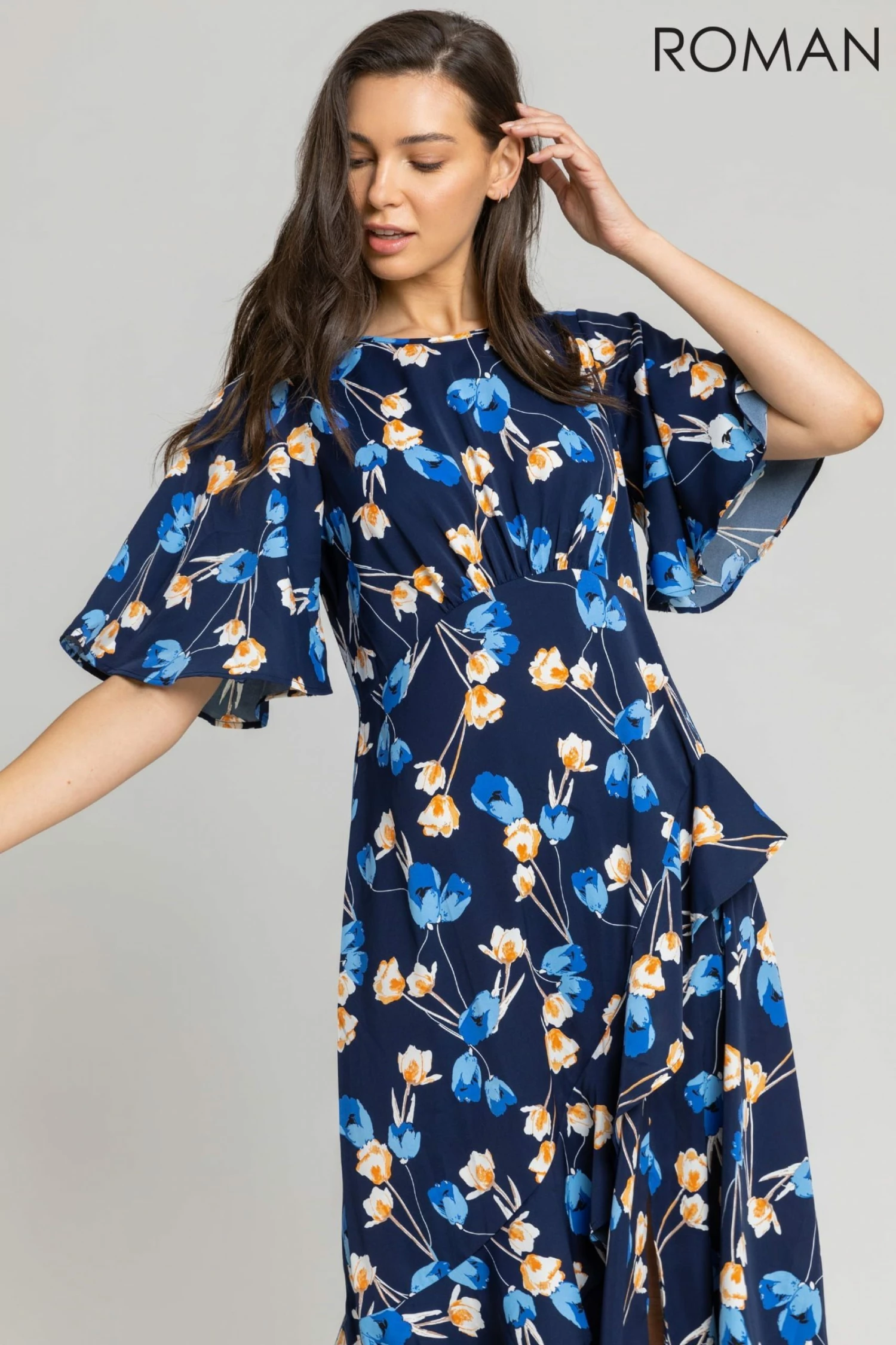 Roman Blue Floral Print Chiffon Midi Dress 5 Roman Blue Floral Print Chiffon Midi Dress - Image 3