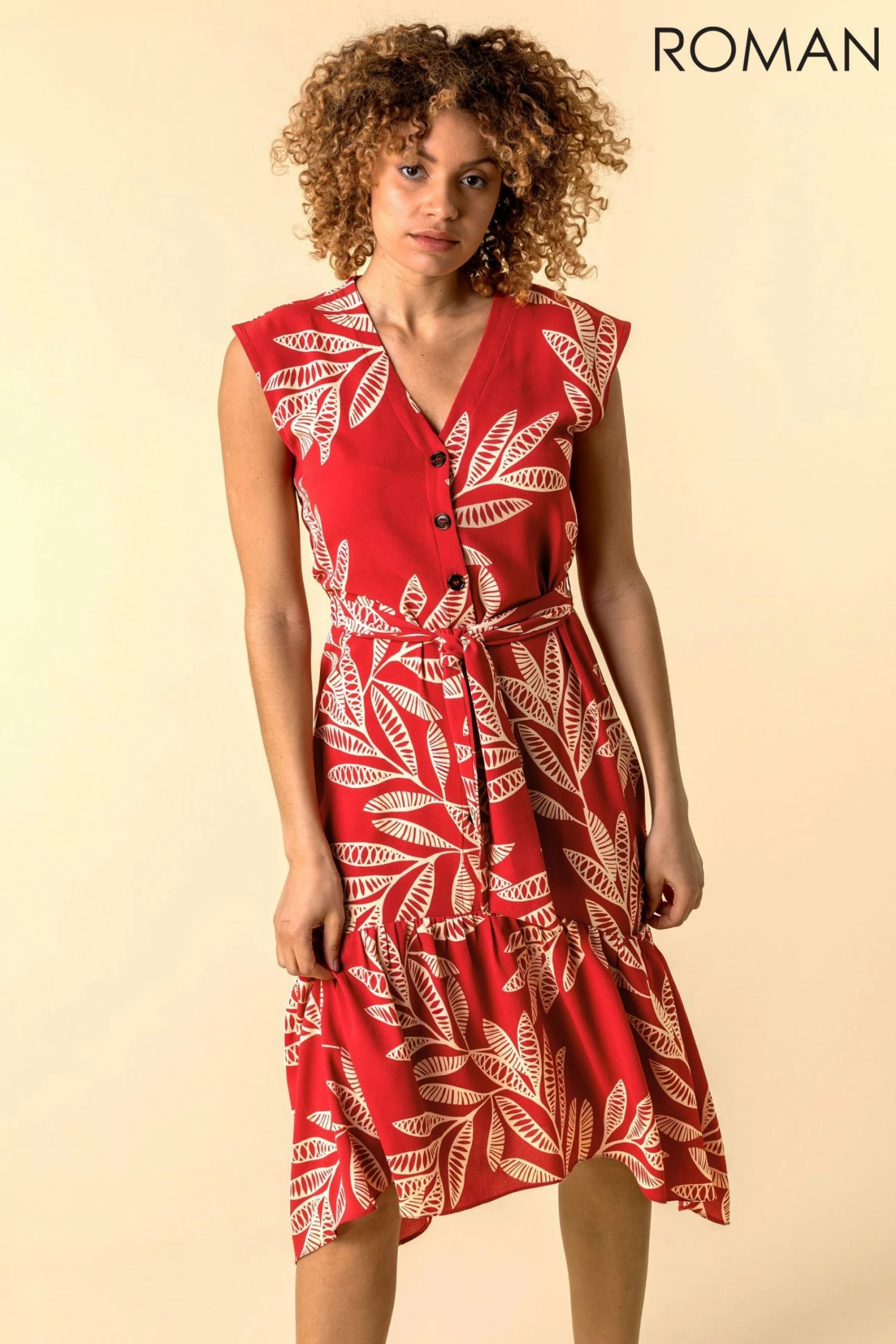 Roman Red Leaf Print Frill Hem Shirt Dress 3 Roman Red Leaf Print Frill Hem Shirt Dress