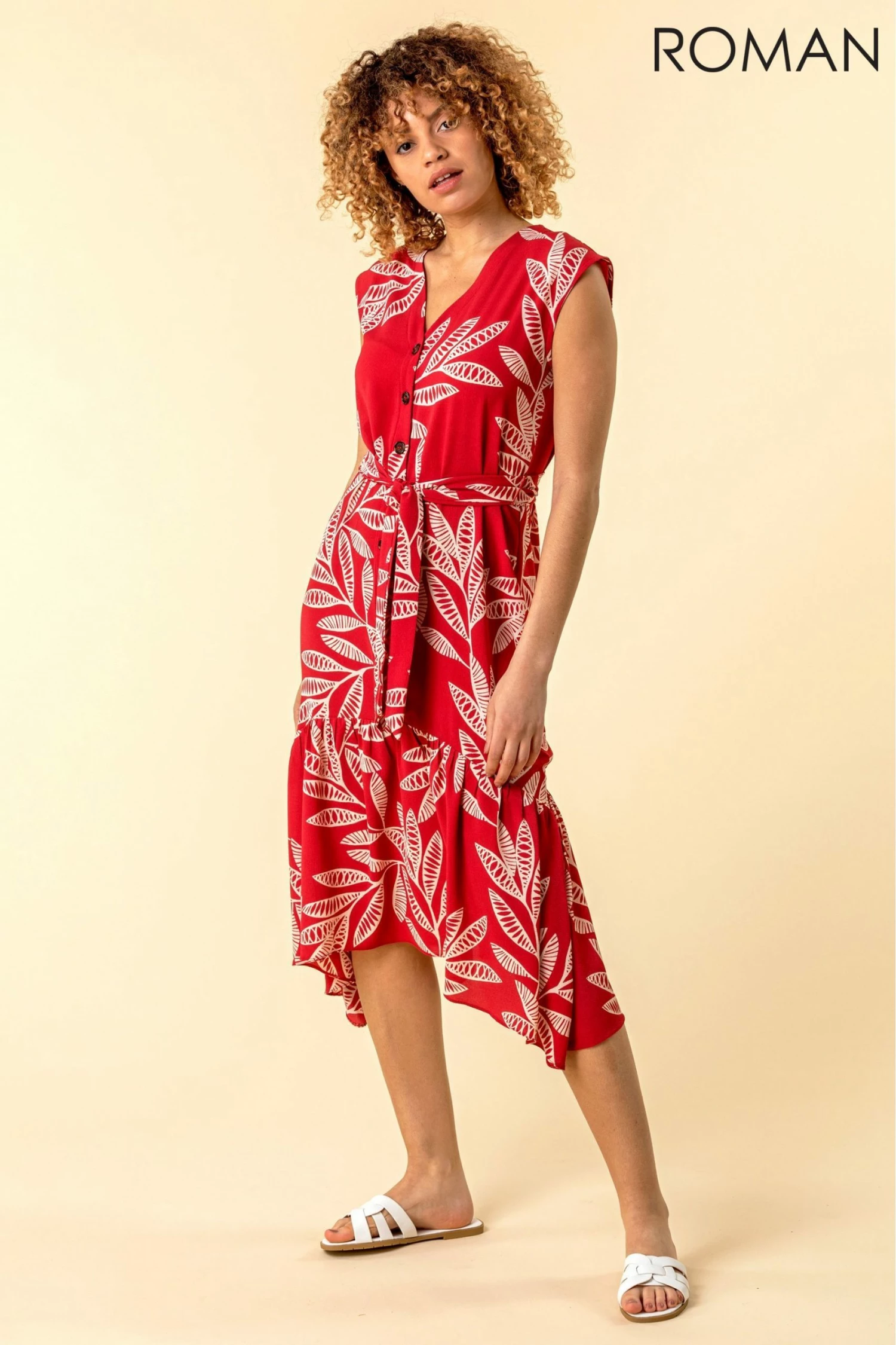 Roman Red Leaf Print Frill Hem Shirt Dress 5 Roman Red Leaf Print Frill Hem Shirt Dress - Image 3