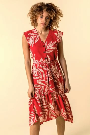 Roman Red Leaf Print Frill Hem Shirt Dress 7 Roman Red Leaf Print Frill Hem Shirt Dress - Image 5
