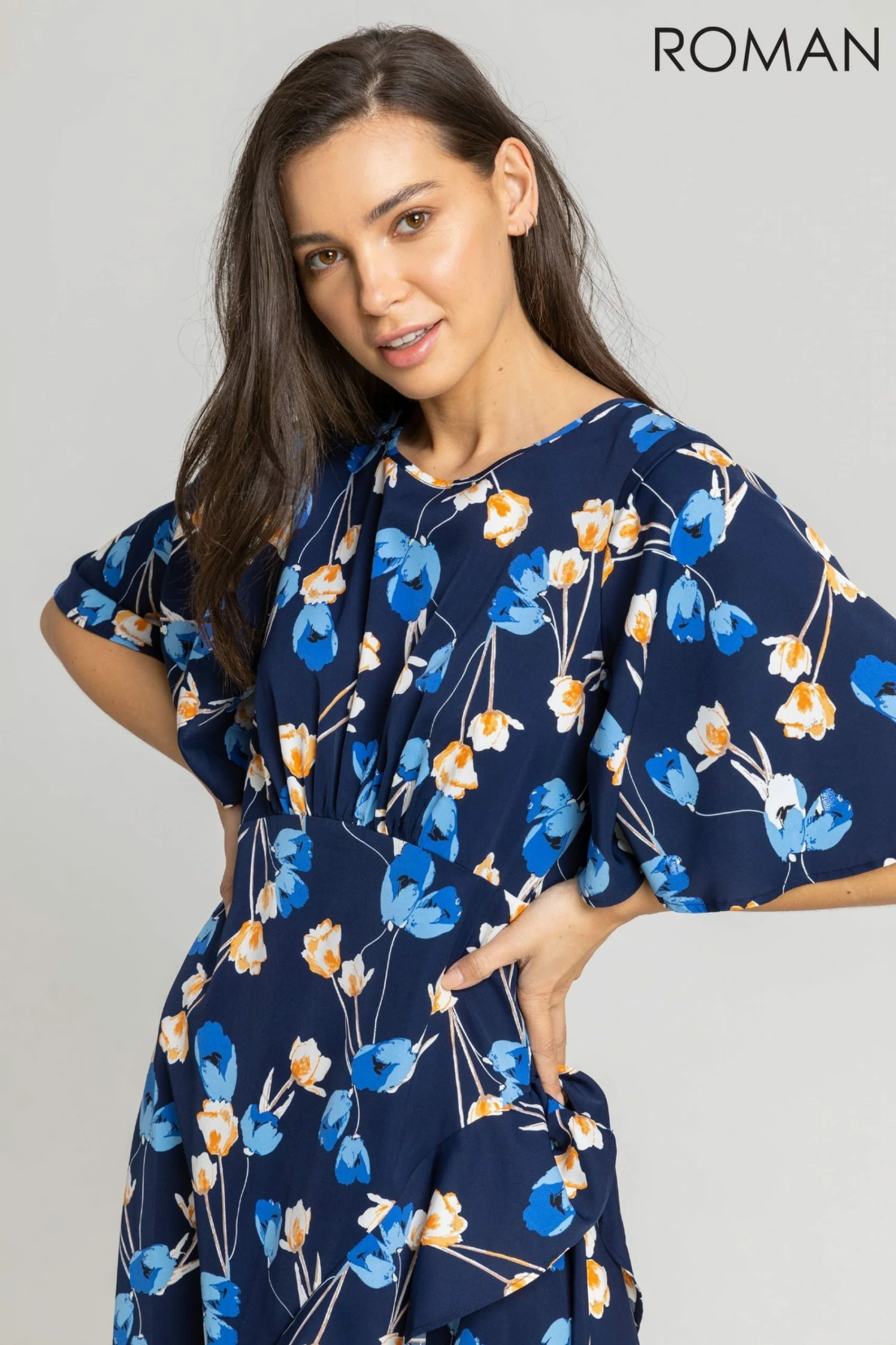 Roman Blue Floral Print Chiffon Midi Dress 6 Roman Blue Floral Print Chiffon Midi Dress - Image 4