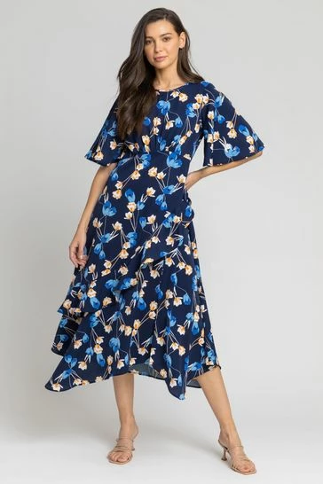 Roman Blue Floral Print Chiffon Midi Dress 7 Roman Blue Floral Print Chiffon Midi Dress - Image 5