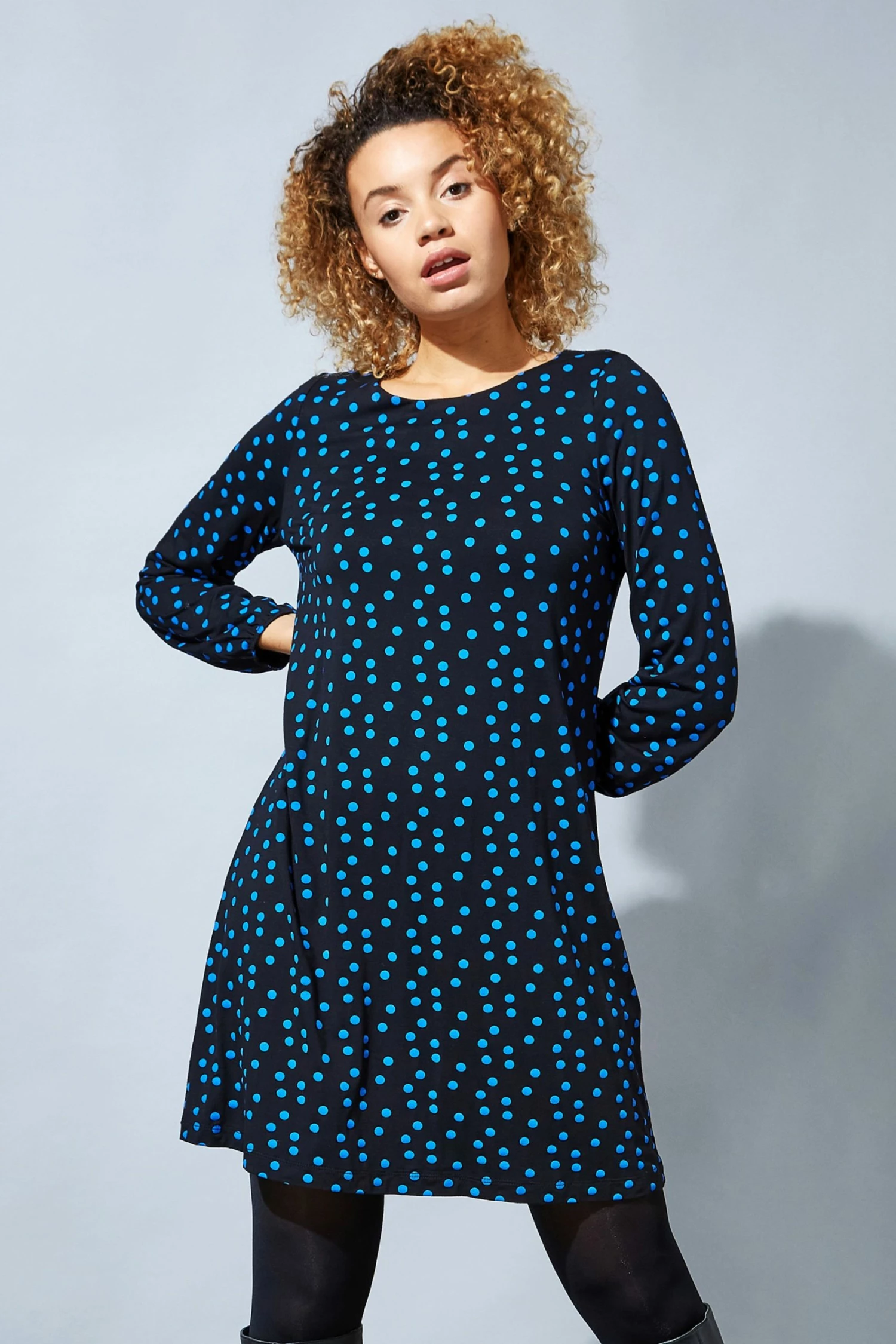 Roman Blue Originals Long Sleeve Spot Print Shift Dress 4 Roman Blue Originals Long Sleeve Spot Print Shift Dress - Image 2