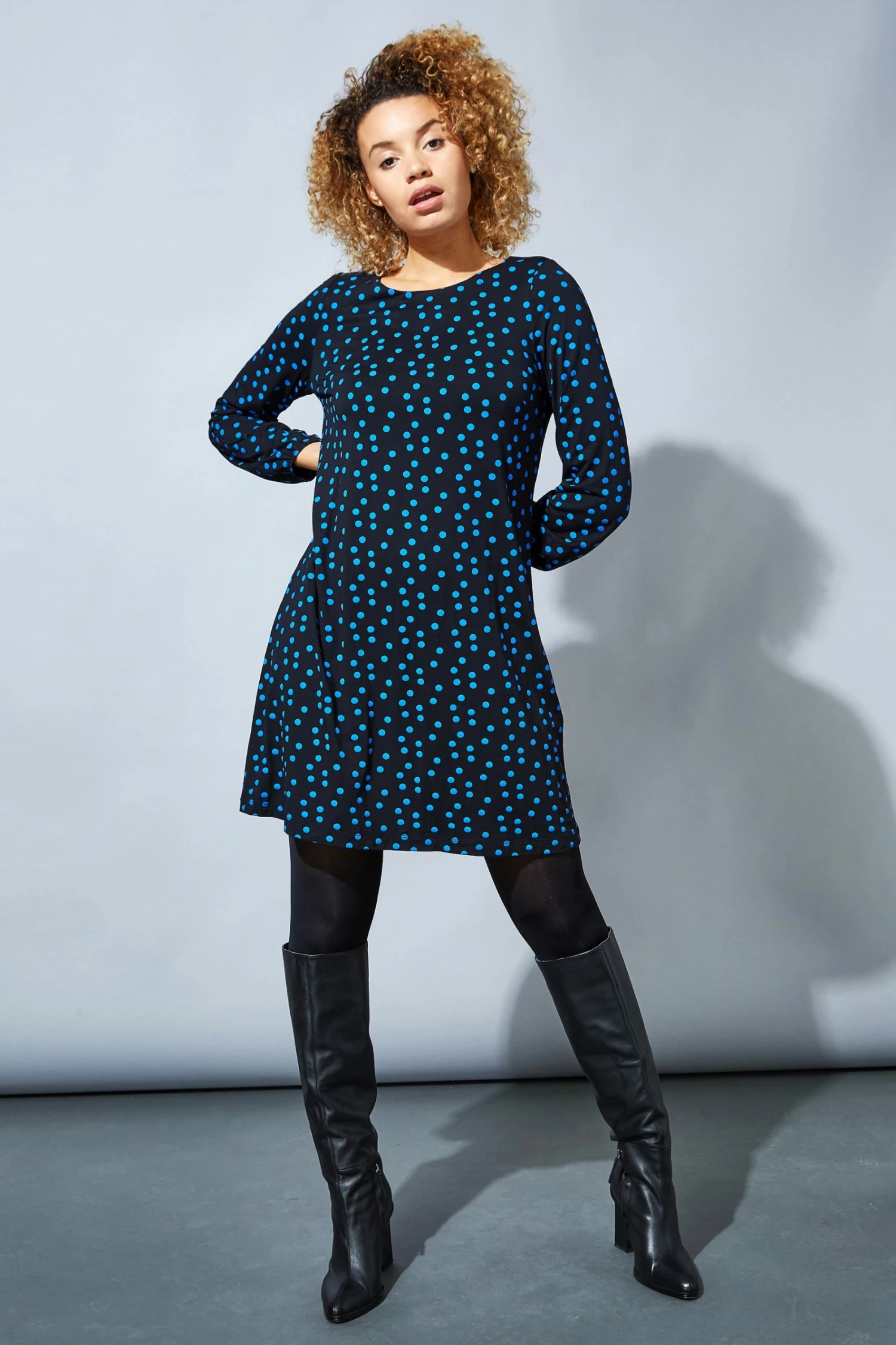 Roman Blue Originals Long Sleeve Spot Print Shift Dress 6 Roman Blue Originals Long Sleeve Spot Print Shift Dress - Image 4