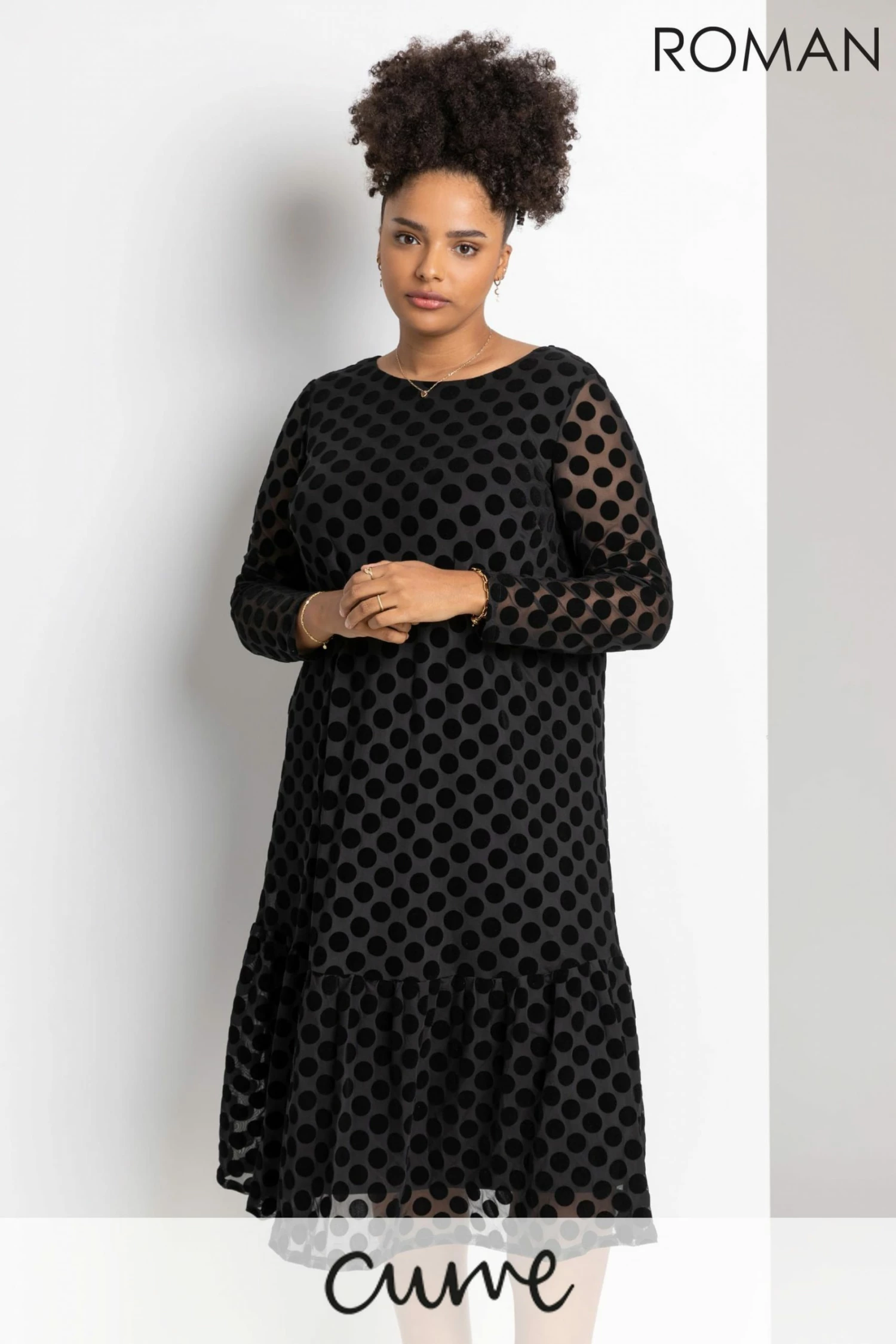 Roman Black Curve Flock Spot Midi Dress 3 Roman Black Curve Flock Spot Midi Dress