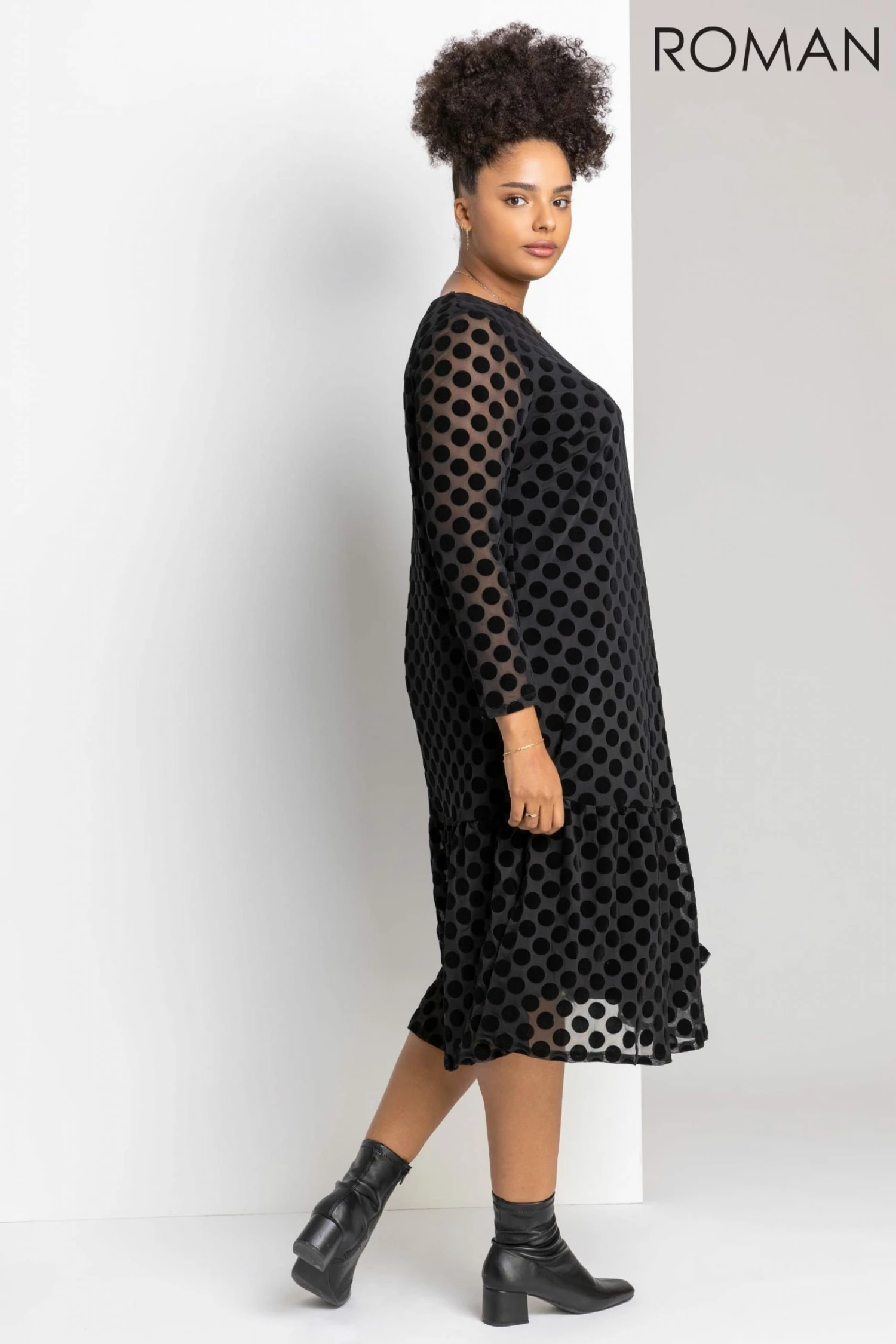 Roman Black Curve Flock Spot Midi Dress 4 Roman Black Curve Flock Spot Midi Dress - Image 2