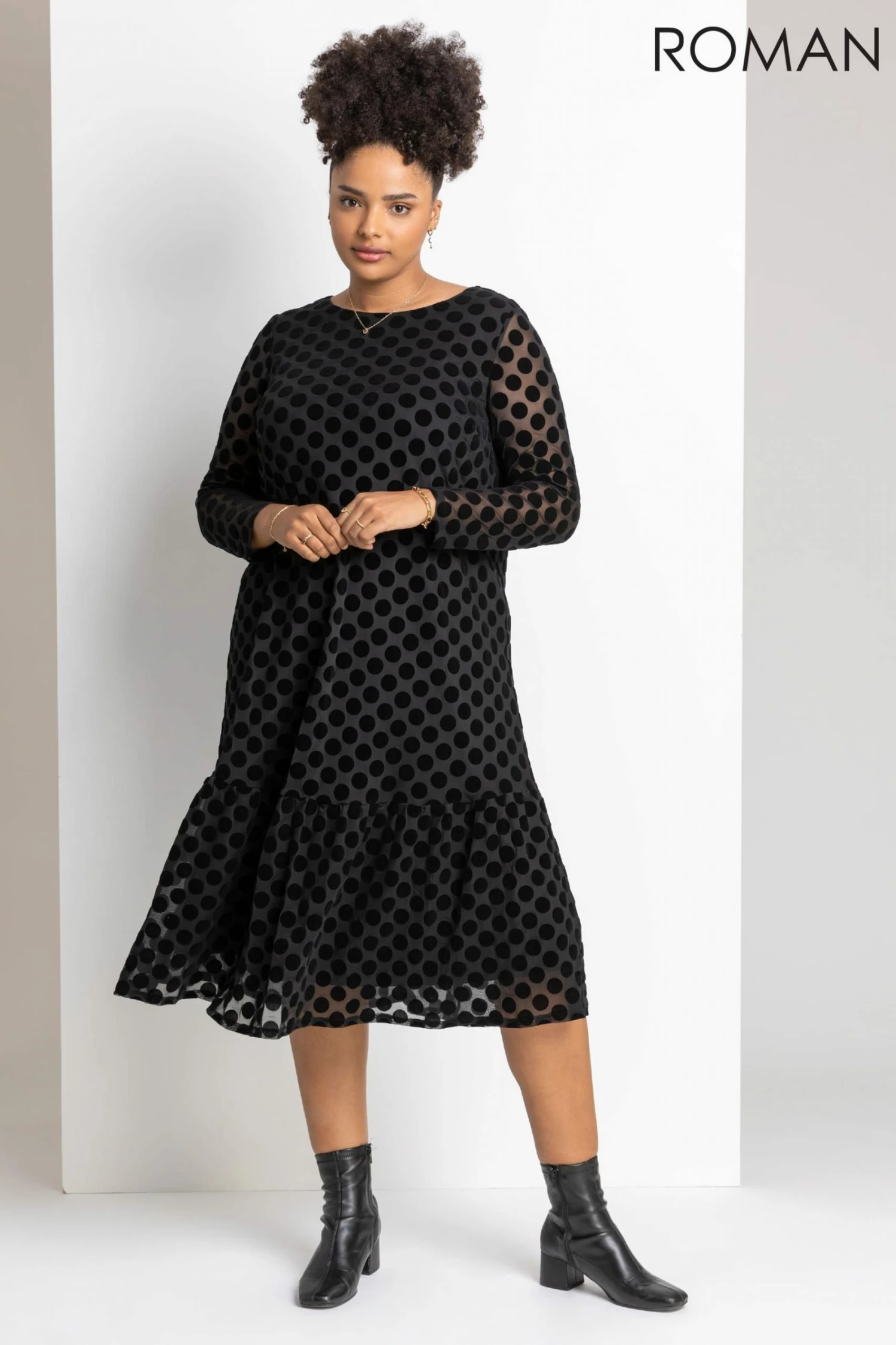 Roman Black Curve Flock Spot Midi Dress 5 Roman Black Curve Flock Spot Midi Dress - Image 3