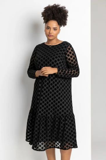 Roman Black Curve Flock Spot Midi Dress 8 Roman Black Curve Flock Spot Midi Dress - Image 6