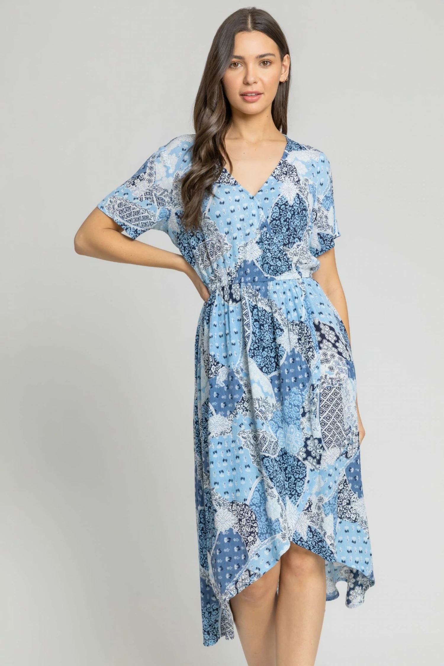 Roman Blue Patchwork Floral Wrap Dress 3 Roman Blue Patchwork Floral Wrap Dress