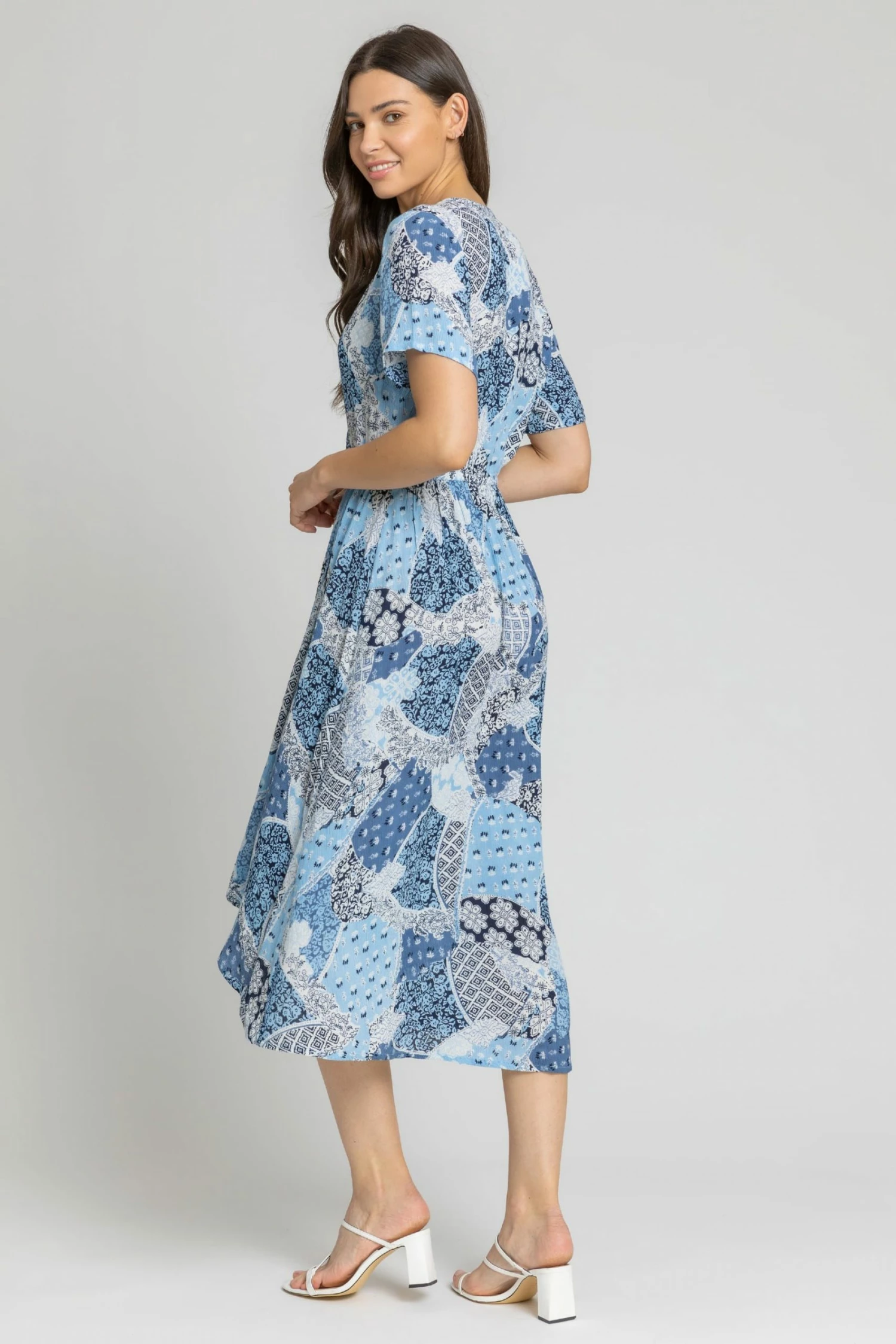 Roman Blue Patchwork Floral Wrap Dress 4 Roman Blue Patchwork Floral Wrap Dress - Image 2
