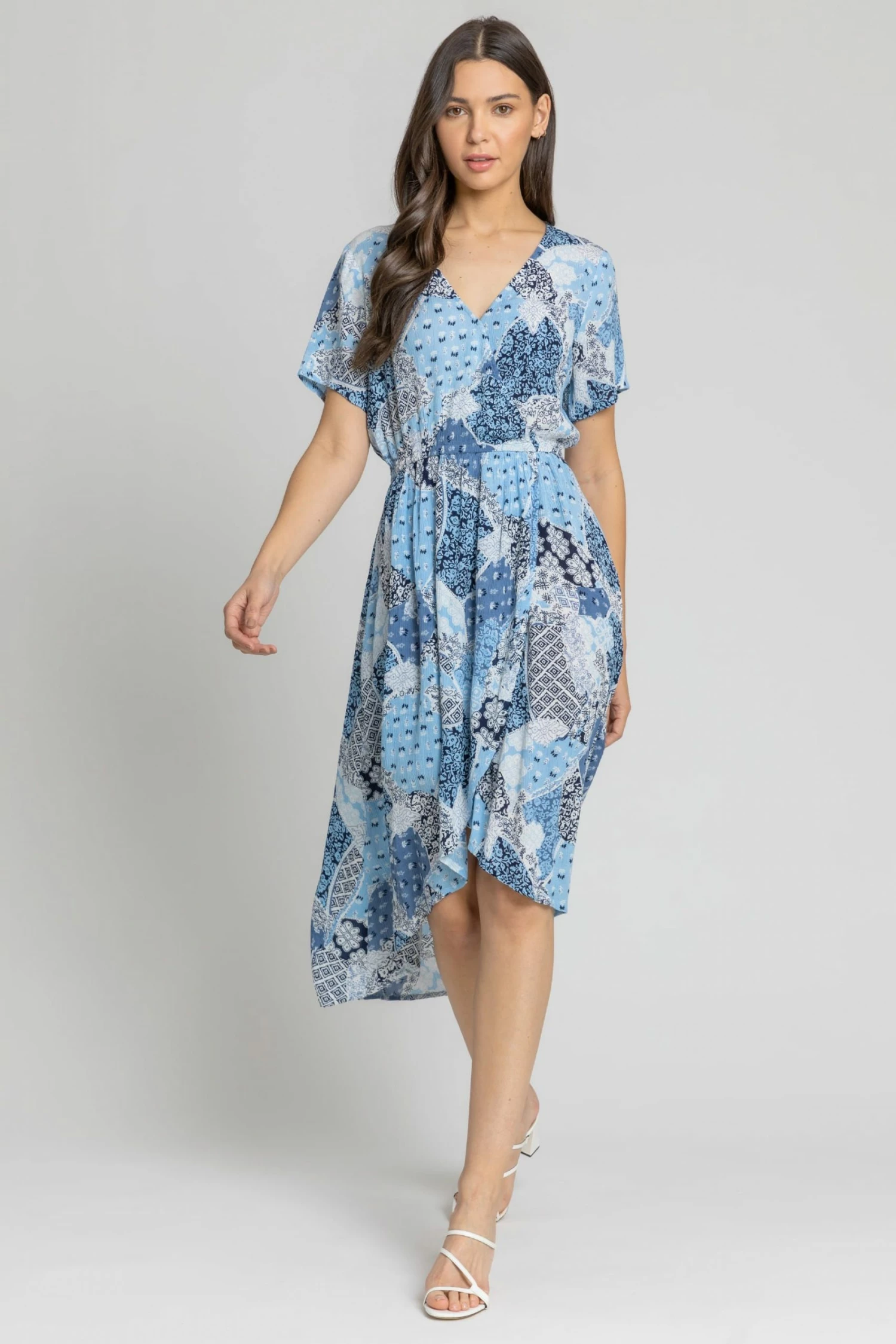 Roman Blue Patchwork Floral Wrap Dress 5 Roman Blue Patchwork Floral Wrap Dress - Image 3
