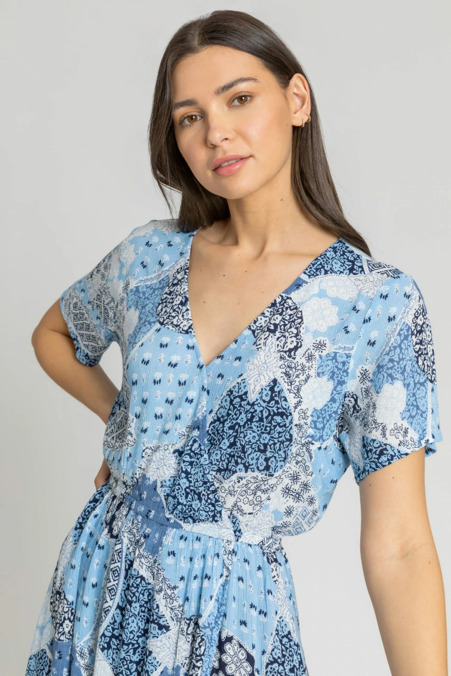 Roman Blue Patchwork Floral Wrap Dress 6 Roman Blue Patchwork Floral Wrap Dress - Image 4