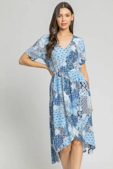 Roman Blue Patchwork Floral Wrap Dress 7 Roman Blue Patchwork Floral Wrap Dress - Image 5