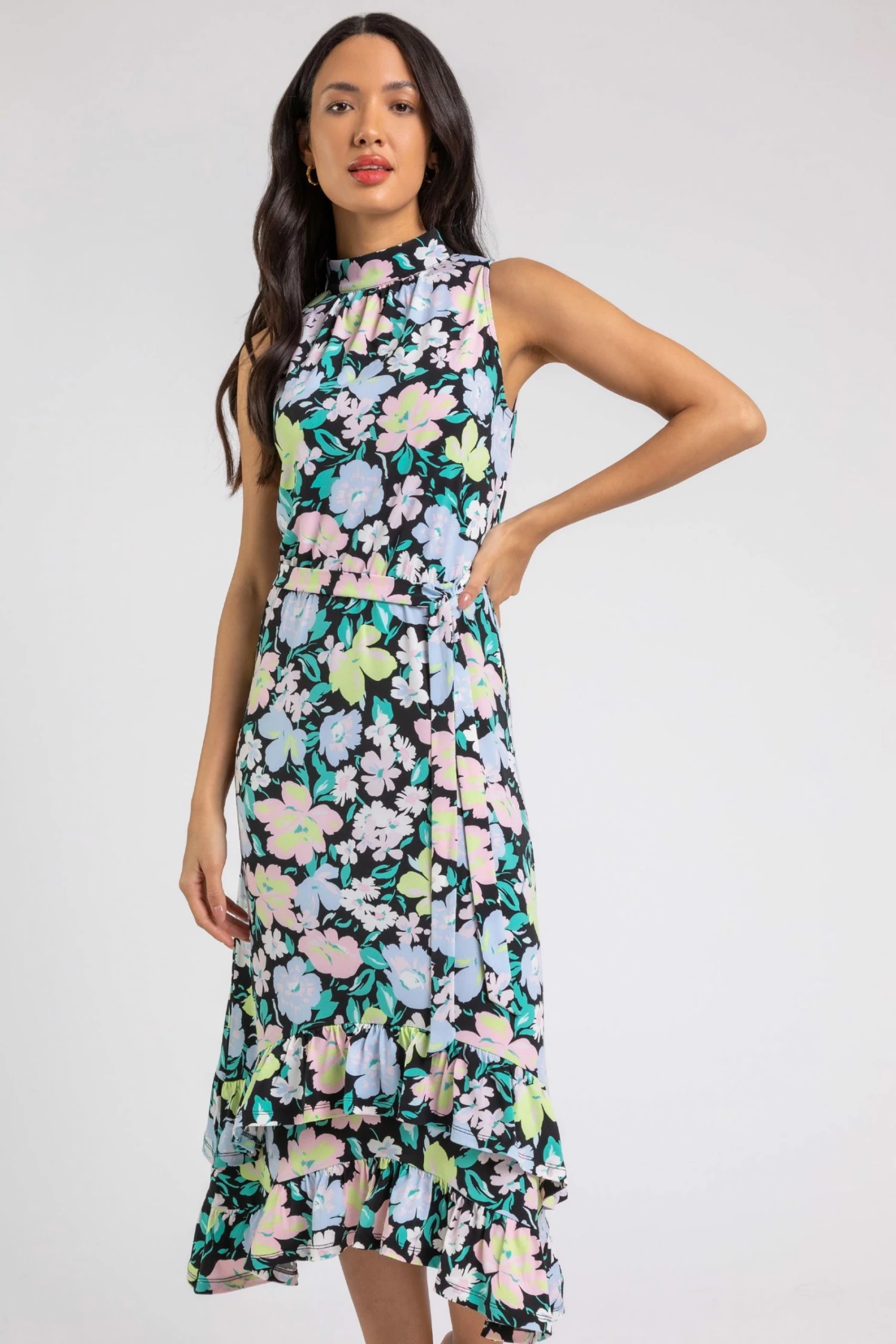 Roman Black High Neck Floral Frill Hem Dress 5 Roman Black High Neck Floral Frill Hem Dress - Image 3