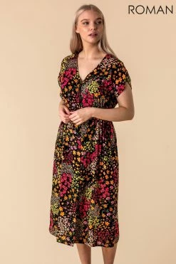 Roman Multi Floral Print Button Through Dress
