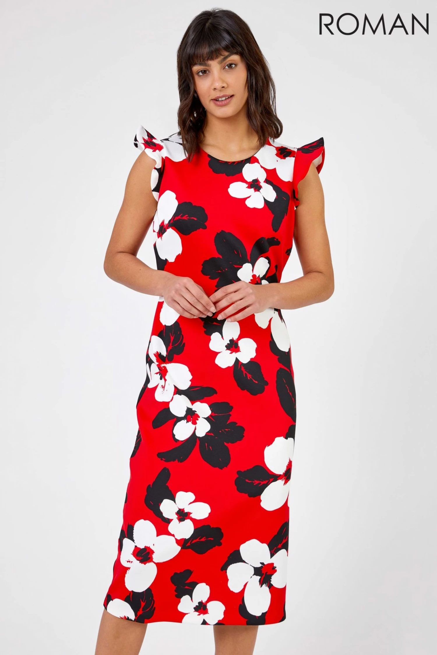 Roman Red Floral Frill Sleeve Midi Dress 3 Roman Red Floral Frill Sleeve Midi Dress