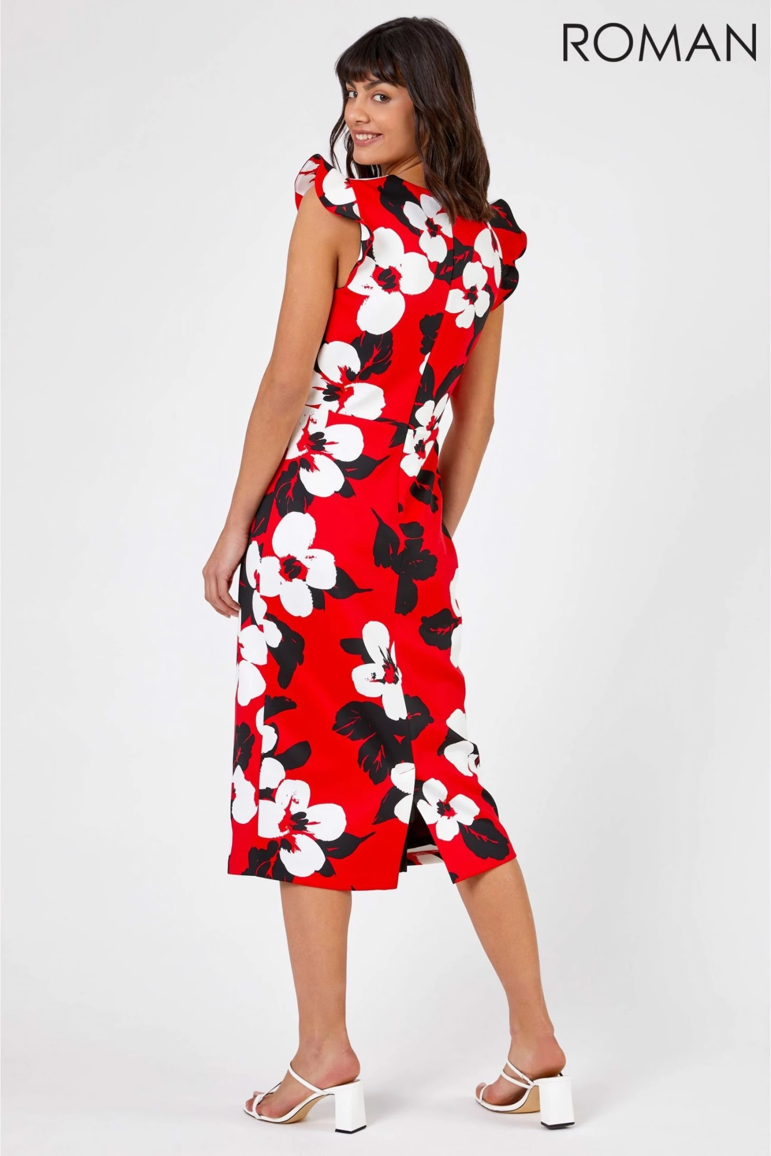 Roman Red Floral Frill Sleeve Midi Dress 5 Roman Red Floral Frill Sleeve Midi Dress - Image 3