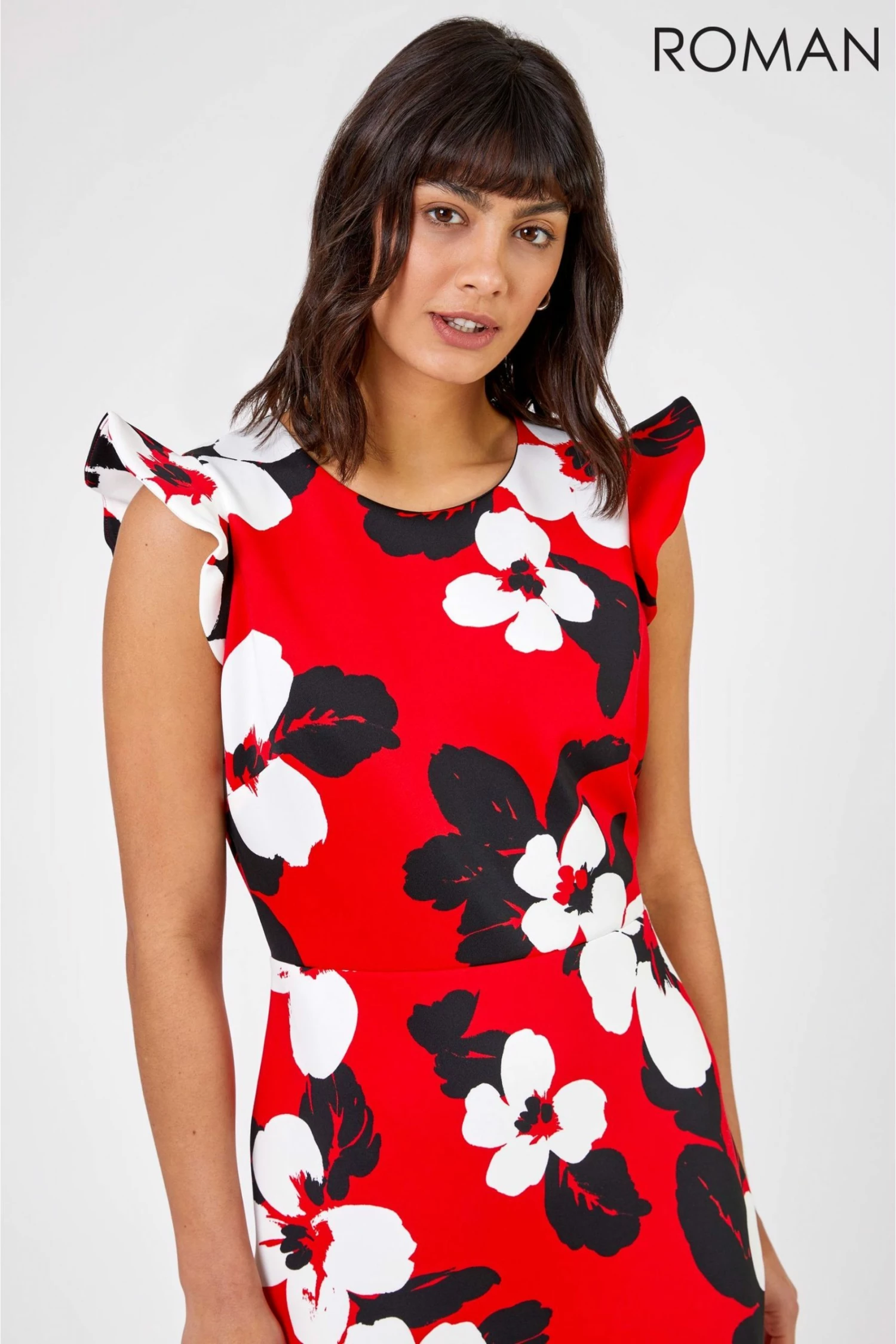 Roman Red Floral Frill Sleeve Midi Dress 6 Roman Red Floral Frill Sleeve Midi Dress - Image 4