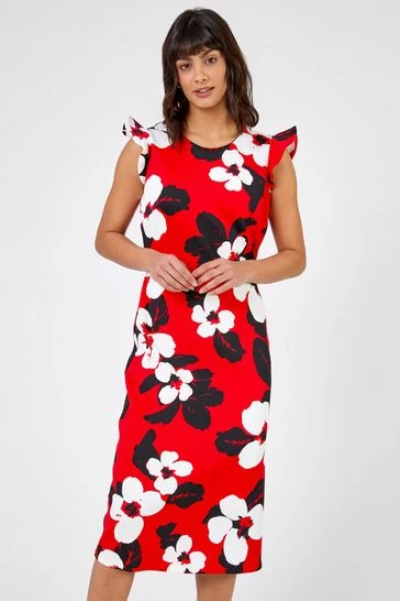 Roman Red Floral Frill Sleeve Midi Dress 7 Roman Red Floral Frill Sleeve Midi Dress - Image 5