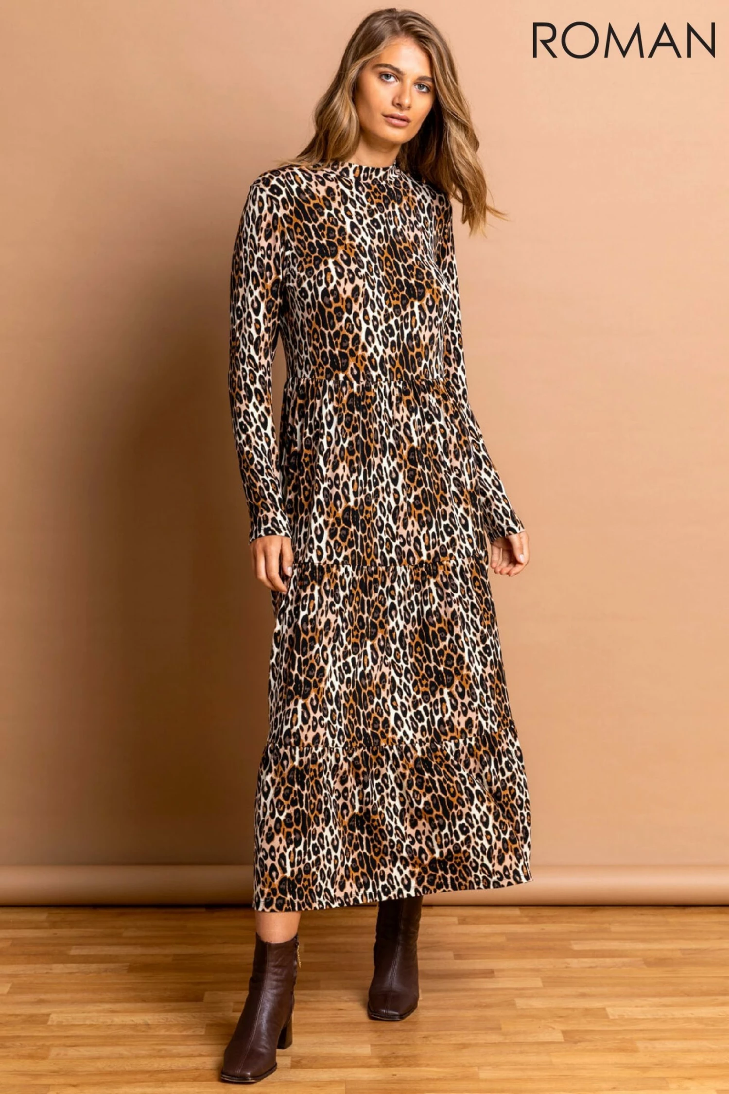 Roman Brown Animal High Neck Midi Dress 3 Roman Brown Animal High Neck Midi Dress