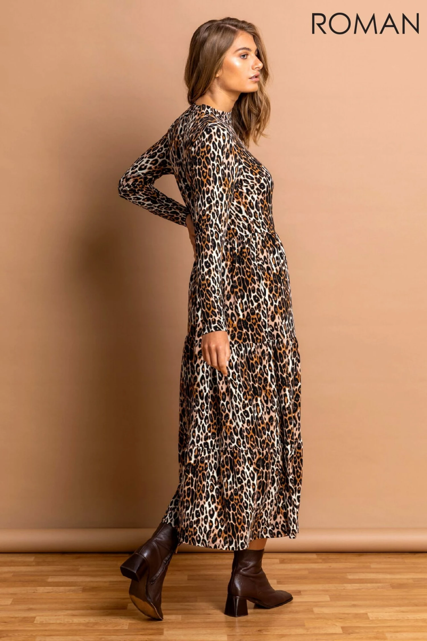 Roman Brown Animal High Neck Midi Dress 4 Roman Brown Animal High Neck Midi Dress - Image 2