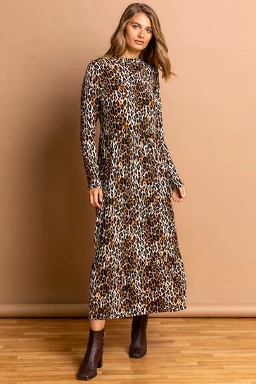 Roman Brown Animal High Neck Midi Dress 7 Roman Brown Animal High Neck Midi Dress - Image 5