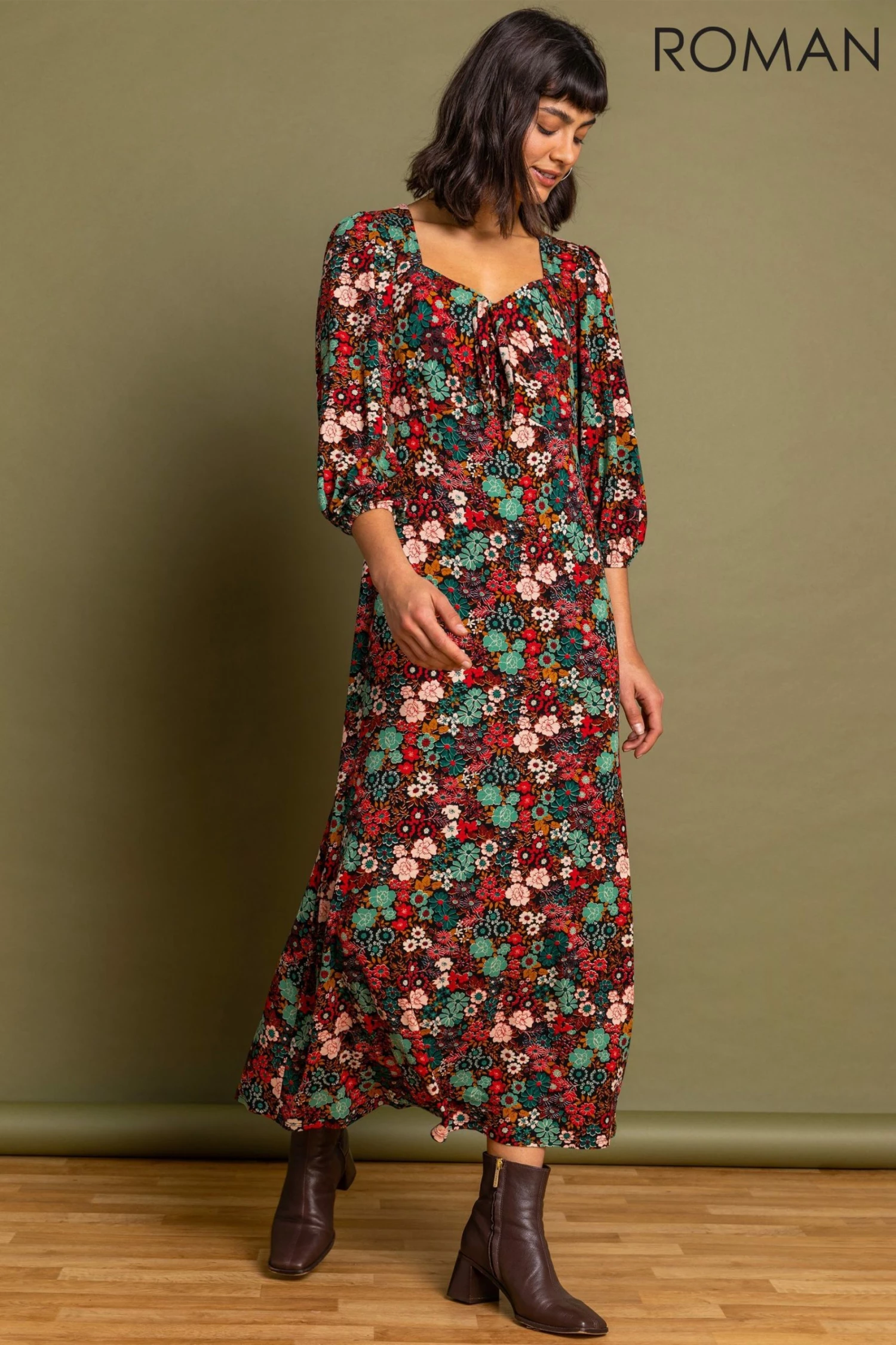 Roman Brown Floral Print Tie Front Midi Dress 3 Roman Brown Floral Print Tie Front Midi Dress