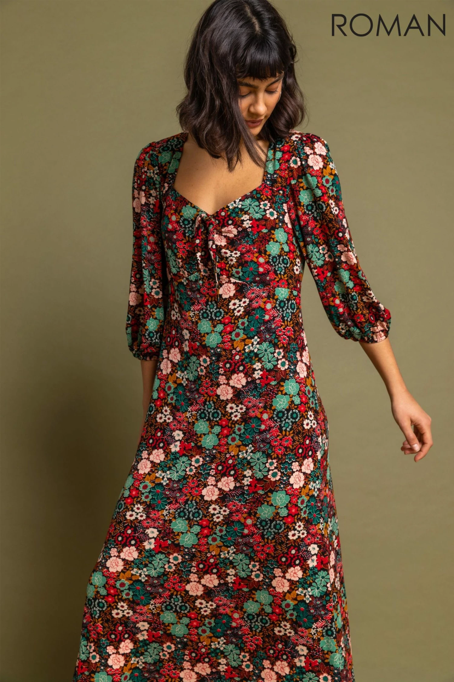 Roman Brown Floral Print Tie Front Midi Dress 5 Roman Brown Floral Print Tie Front Midi Dress - Image 3