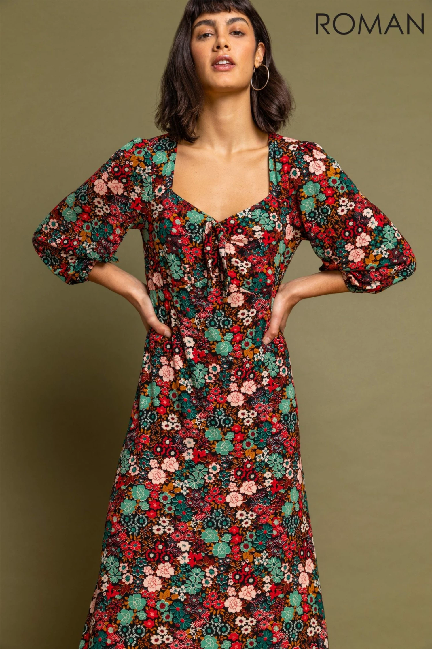 Roman Brown Floral Print Tie Front Midi Dress 6 Roman Brown Floral Print Tie Front Midi Dress - Image 4