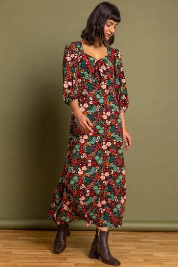 Roman Brown Floral Print Tie Front Midi Dress 7 Roman Brown Floral Print Tie Front Midi Dress - Image 5
